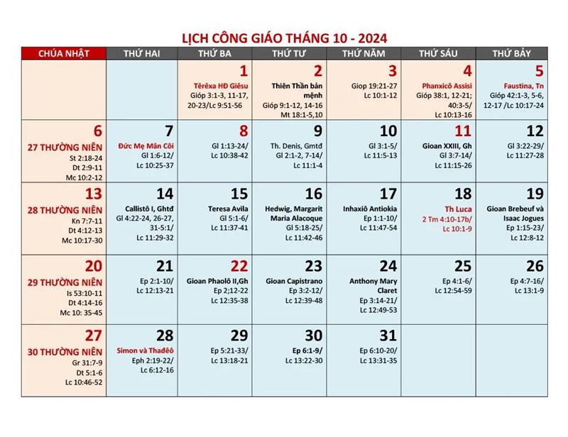 Lịch Công Giáo Tháng 10