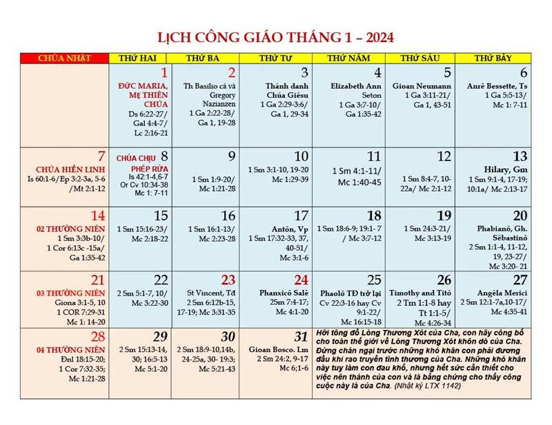 Lịch Công Giáo Tháng 1