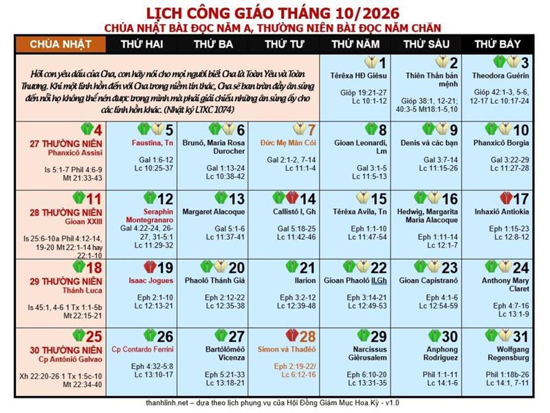 Lịch Công Giáo Tháng 10