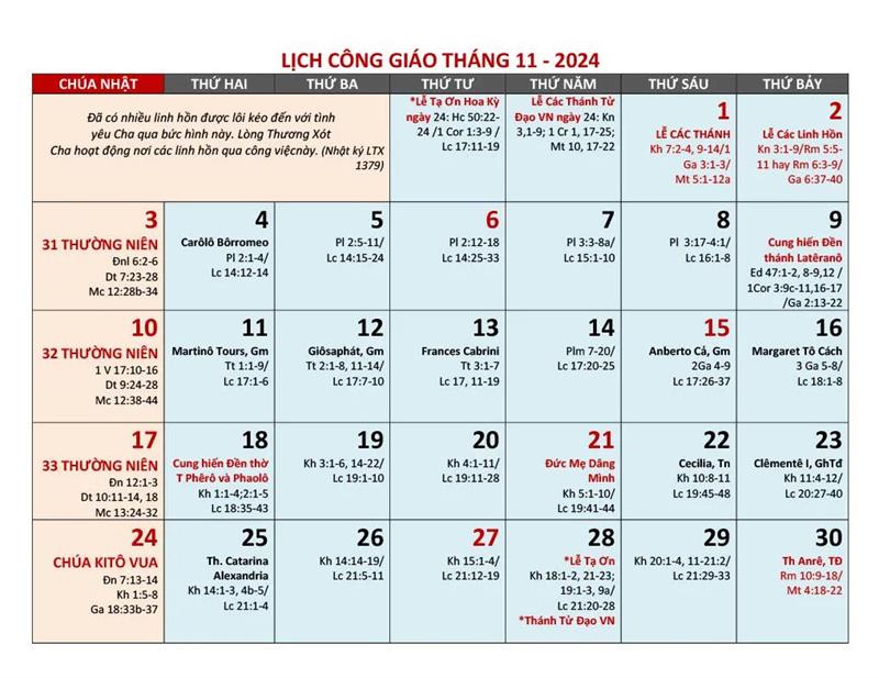 Lịch Công Giáo Tháng 11