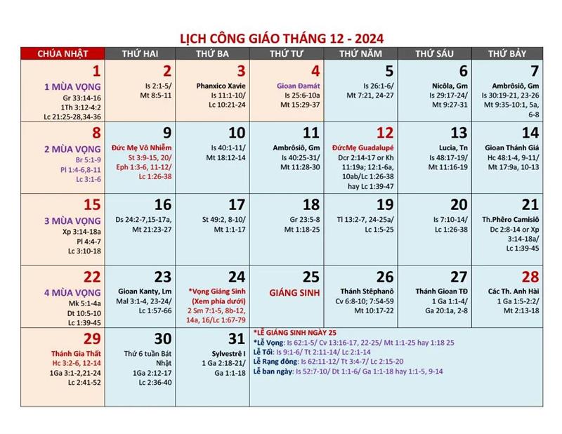 Lịch Công Giáo Tháng 12