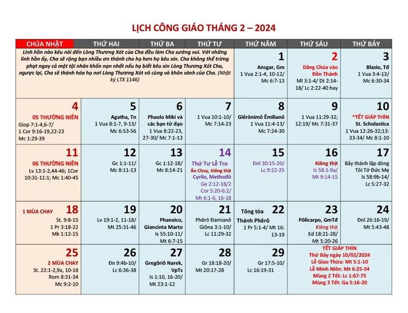 Lịch Công Giáo tháng 2