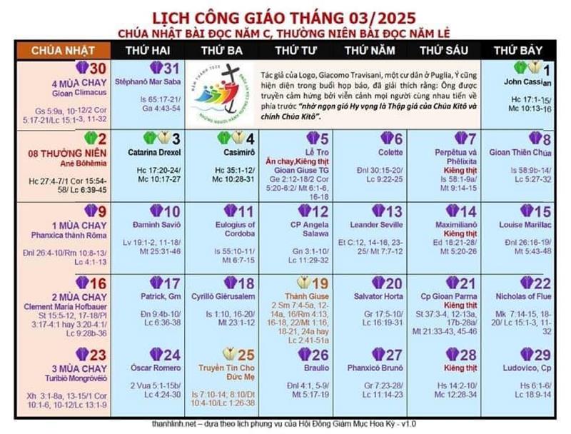 Lịch Công Giáo Tháng 3