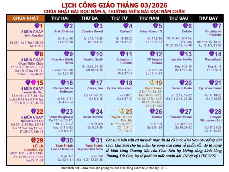 Lịch Công Giáo Tháng 3