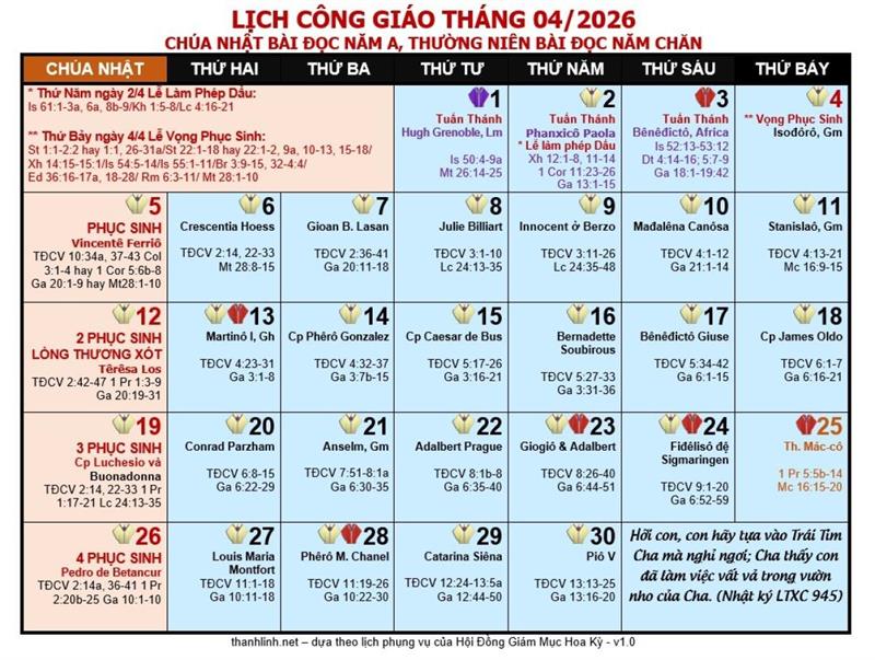 Lịch Công Giáo Tháng 4