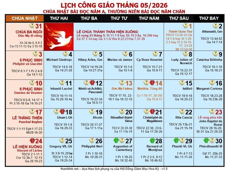 Lịch Công Giáo Tháng 5