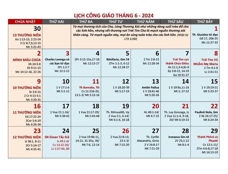 Lịch Công Giáo Tháng 6