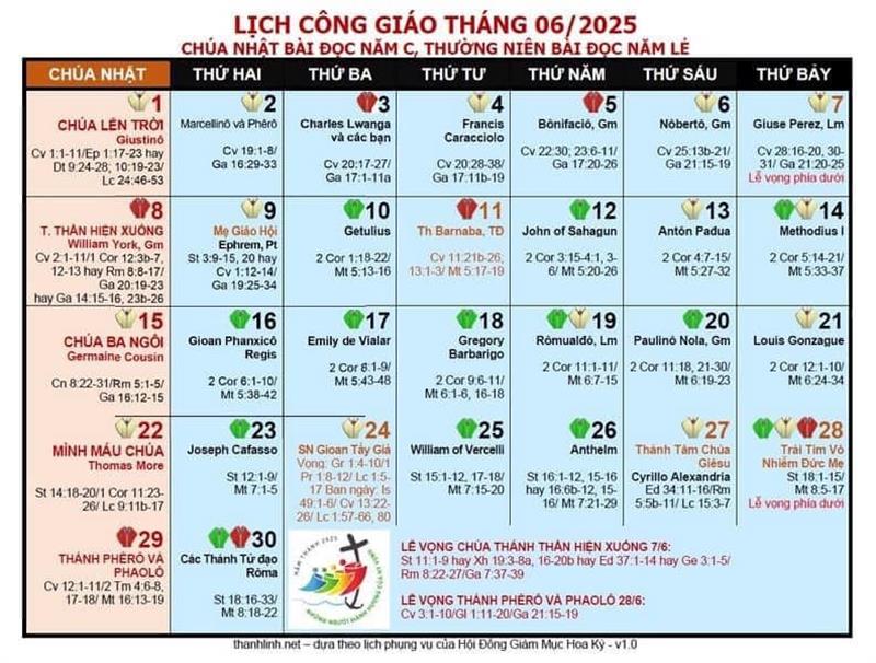 Lịch Công Giáo Tháng 6