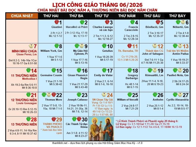 Lịch Công Giáo Tháng 6