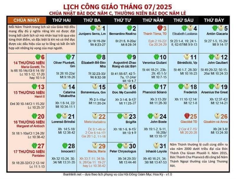 Lịch Công Giáo Tháng 7