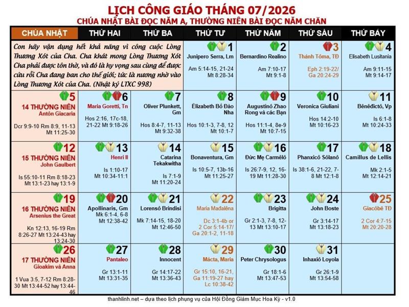 Lịch Công Giáo Tháng 7