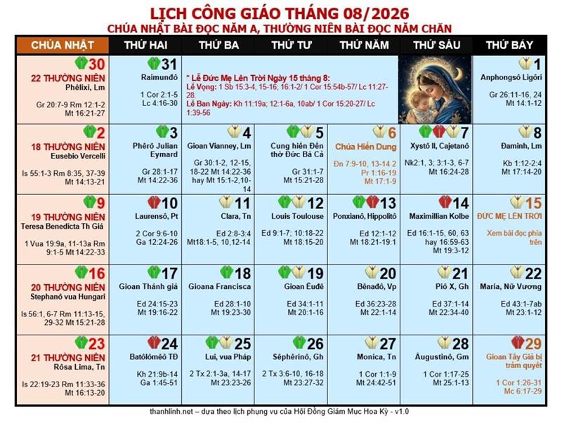 Lịch Công Giáo Tháng 8