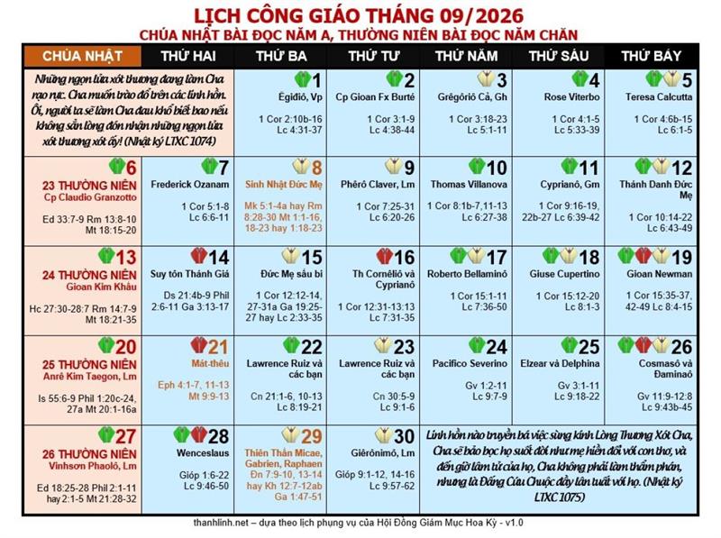 Lịch Công Giáo Tháng 9